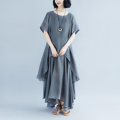 Boutique Linen Dresses Oversize Short Sleeve Gray Pockets Fake Two-piece Dress