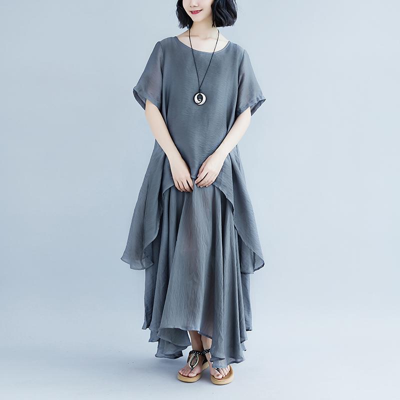 Boutique Linen Dresses Oversize Short Sleeve Gray Pockets Fake Two-piece Dress