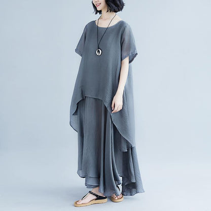 Boutique Linen Dresses Oversize Short Sleeve Gray Pockets Fake Two-piece Dress