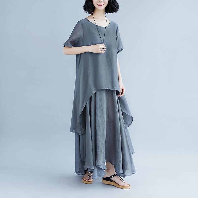 Boutique Linen Dresses Oversize Short Sleeve Gray Pockets Fake Two-piece Dress
