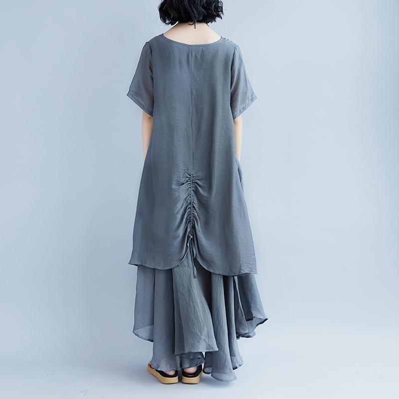 Boutique Linen Dresses Oversize Short Sleeve Gray Pockets Fake Two-piece Dress