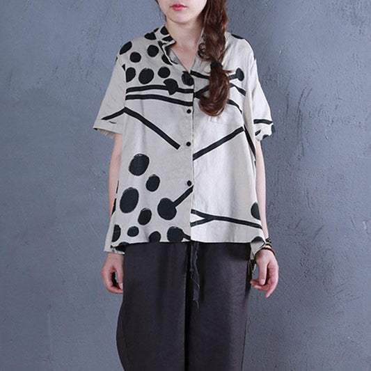 Boutique Linen Summer Top Stand Collar Printed Single Breasted Beige Blouse