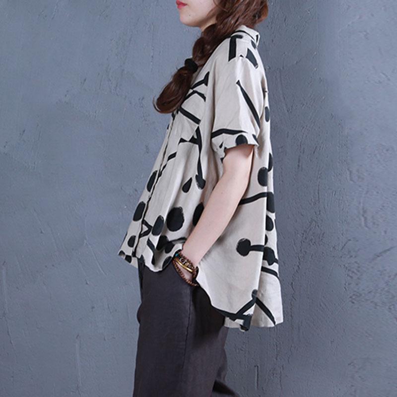 Boutique Linen Summer Top Stand Collar Printed Single Breasted Beige Blouse