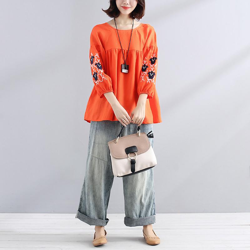 Boutique Natural Linen T Shirt Loose Fitting Embroidered Loose Linen Lacing Folded Orange Shirt
