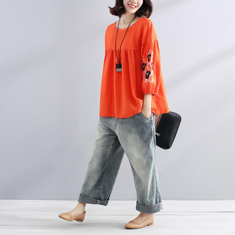 Boutique Natural Linen T Shirt Loose Fitting Embroidered Loose Linen Lacing Folded Orange Shirt