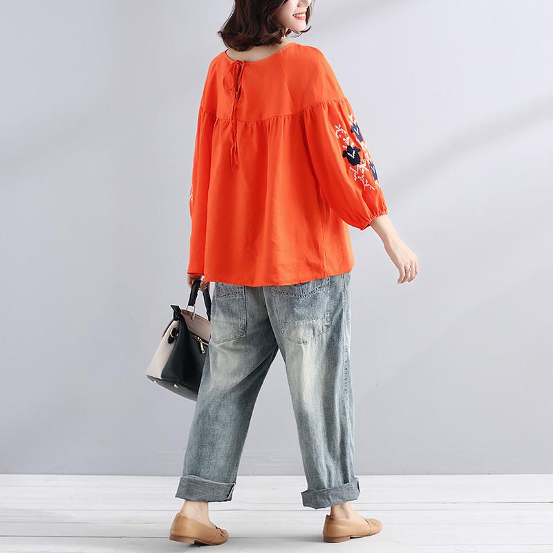 Boutique Natural Linen T Shirt Loose Fitting Embroidered Loose Linen Lacing Folded Orange Shirt