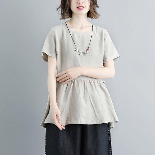 Boutique Natural Linen T Shirt Pleated Summer Short Sleeve Round Neck Tops