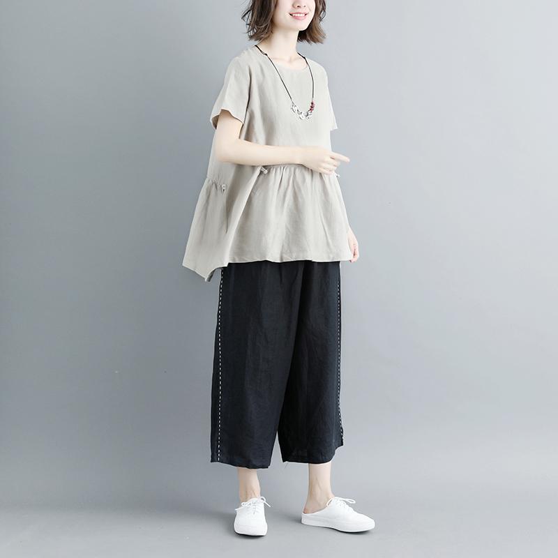 Boutique Natural Linen T Shirt Pleated Summer Short Sleeve Round Neck Tops