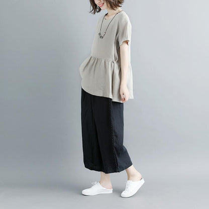 Boutique Natural Linen T Shirt Pleated Summer Short Sleeve Round Neck Tops