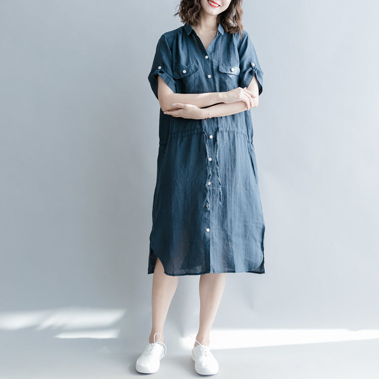 Boutique Navy Linen Dresses Oversize Linen Clothing Dresses Short Sleeve Pockets Turn-down Collar Midi Dress