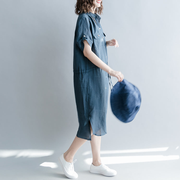 Boutique Navy Linen Dresses Oversize Linen Clothing Dresses Short Sleeve Pockets Turn-down Collar Midi Dress