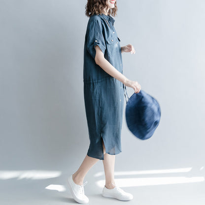 Boutique Navy Linen Dresses Oversize Linen Clothing Dresses Short Sleeve Pockets Turn-down Collar Midi Dress