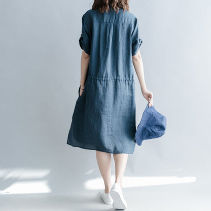 Boutique Navy Linen Dresses Oversize Linen Clothing Dresses Short Sleeve Pockets Turn-down Collar Midi Dress
