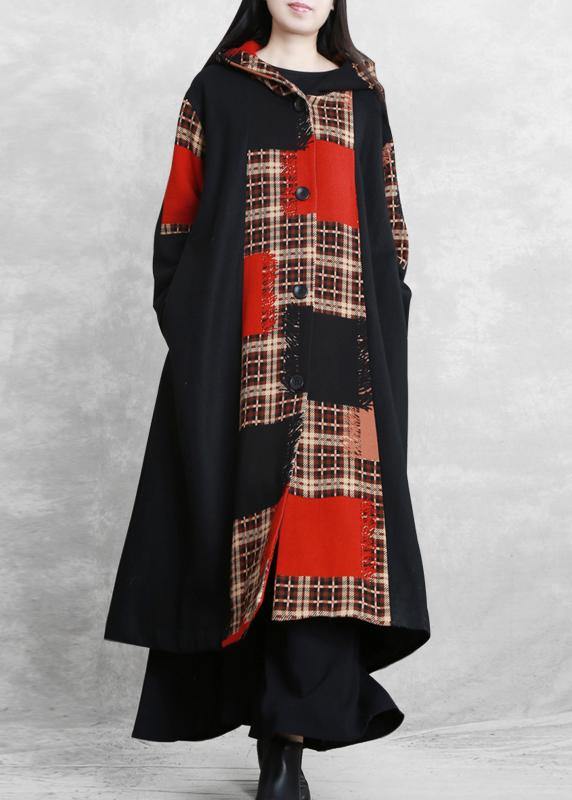 Boutique Oversized Long Jackets Coat Black Plaid Hooded Patchwork Woolen Overcoat