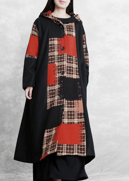 Boutique Oversized Long Jackets Coat Black Plaid Hooded Patchwork Woolen Overcoat