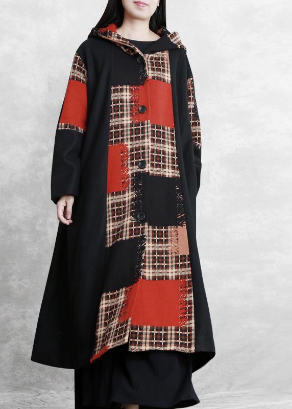 Boutique Oversized Long Jackets Coat Black Plaid Hooded Patchwork Woolen Overcoat