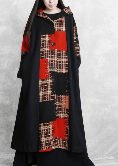 Boutique Oversized Long Jackets Coat Black Plaid Hooded Patchwork Woolen Overcoat