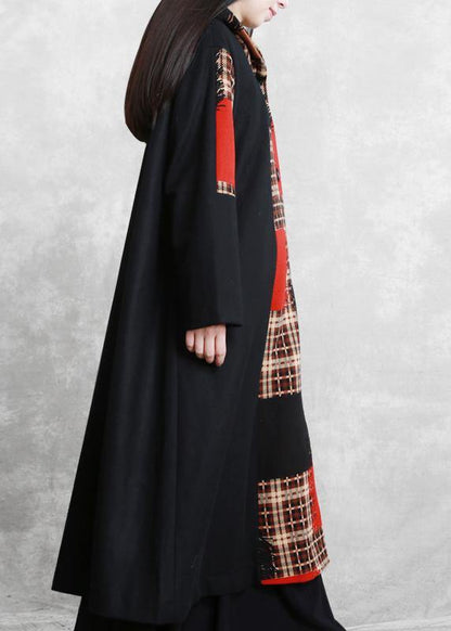 Boutique Oversized Long Jackets Coat Black Plaid Hooded Patchwork Woolen Overcoat