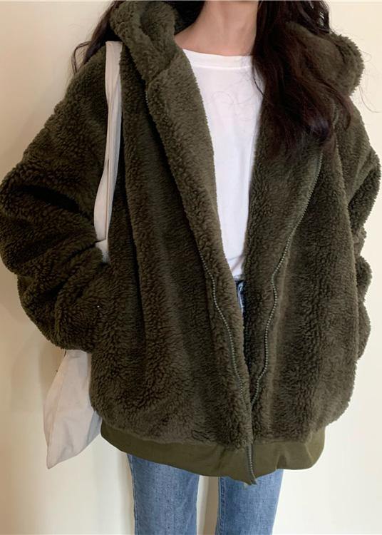 Boutique Oversized Medium Length Coat Winter Outwear Green Hooded Wool Jackets