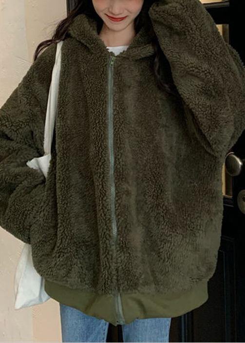 Boutique Oversized Medium Length Coat Winter Outwear Green Hooded Wool Jackets