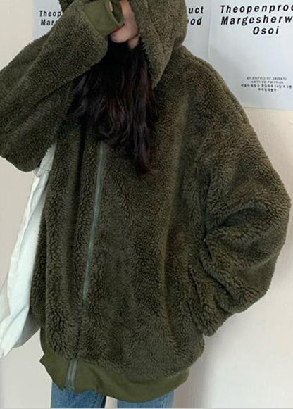 Boutique Oversized Medium Length Coat Winter Outwear Green Hooded Wool Jackets