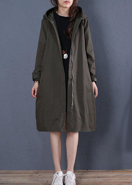 Boutique Oversized Mid-length Coats Fall Coat Gray Green Hooded Zippered Coat