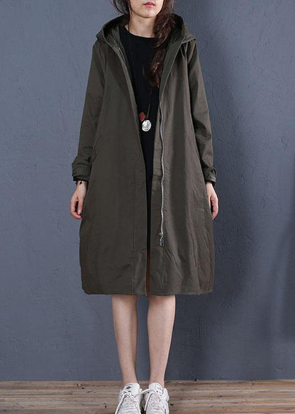 Boutique Oversized Mid-length Coats Fall Coat Gray Green Hooded Zippered Coat