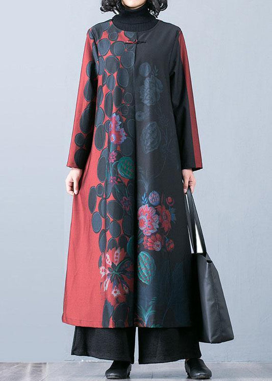 Boutique Oversized Red Maxi Coat Fall Trench Coats Prints O Neck Chinese Button Outwear