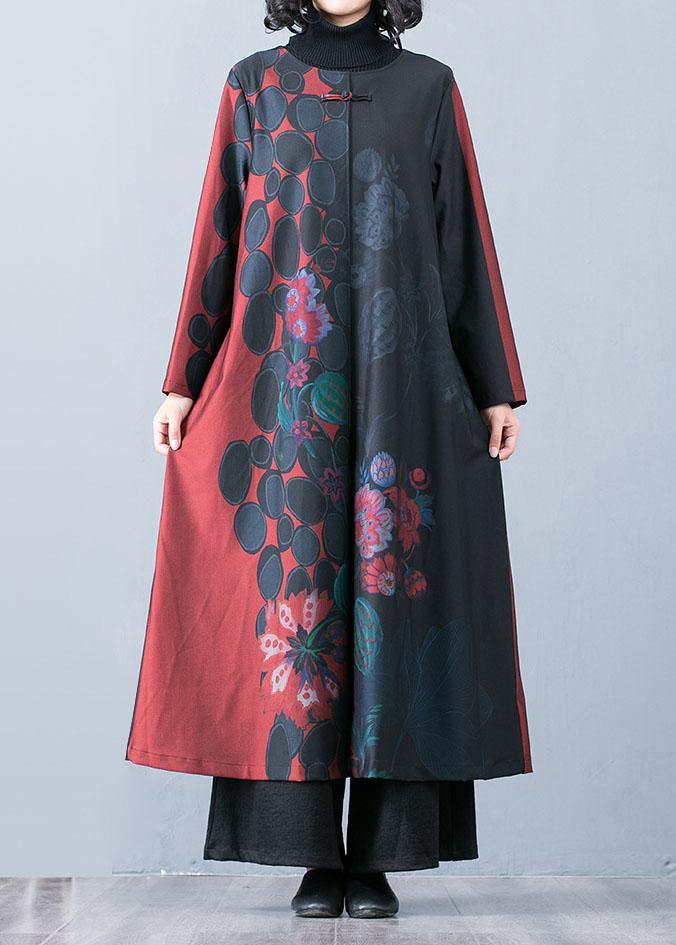 Boutique Oversized Red Maxi Coat Fall Trench Coats Prints O Neck Chinese Button Outwear