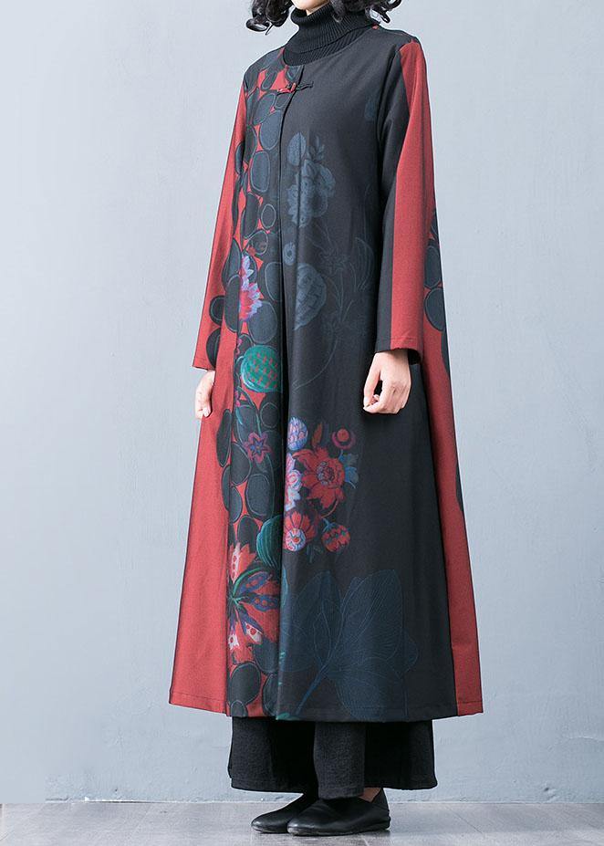 Boutique Oversized Red Maxi Coat Fall Trench Coats Prints O Neck Chinese Button Outwear