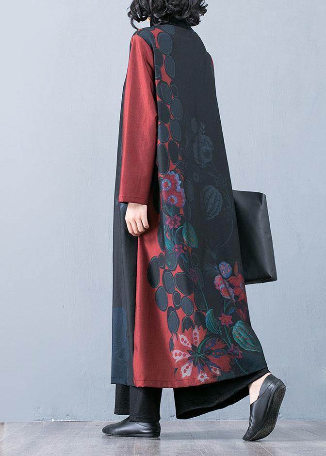 Boutique Oversized Red Maxi Coat Fall Trench Coats Prints O Neck Chinese Button Outwear