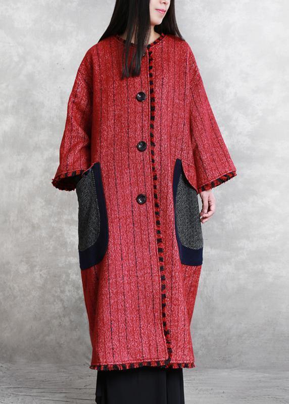 Boutique Jackets & Coats Outwear Red Striped O Neck Pockets Woolen Outwear
