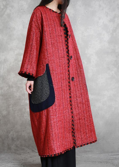 Boutique Jackets & Coats Outwear Red Striped O Neck Pockets Woolen Outwear
