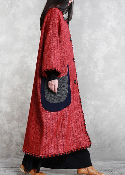 Boutique Jackets & Coats Outwear Red Striped O Neck Pockets Woolen Outwear