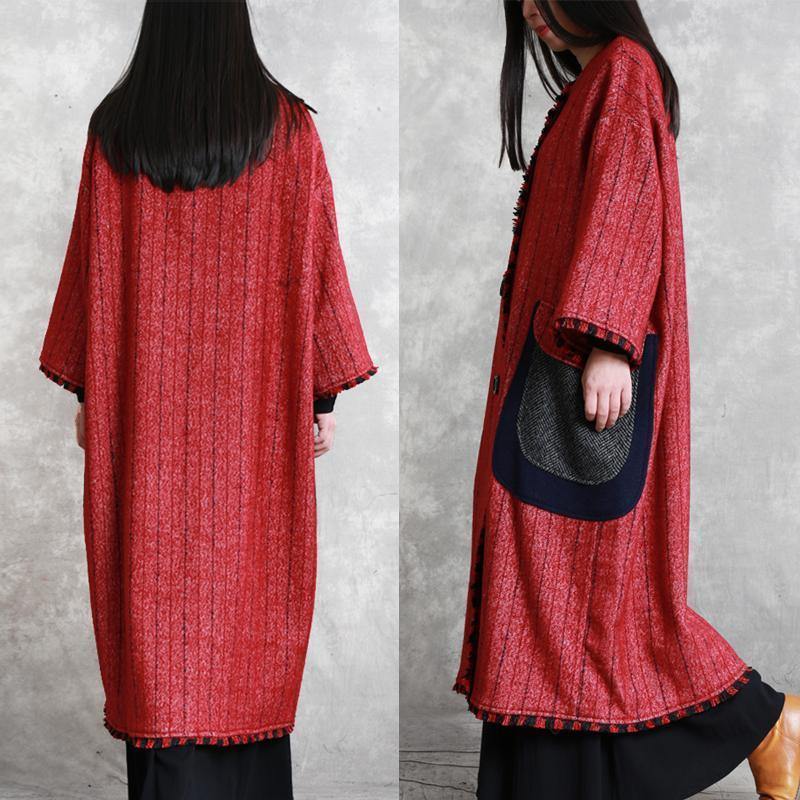 Boutique Jackets & Coats Outwear Red Striped O Neck Pockets Woolen Outwear