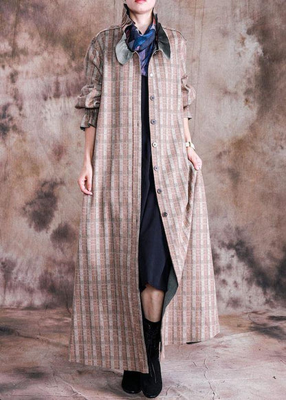 Boutique Long Coat Fall Woolen Outwear Khaki Plaid Cinched Wool Coat for Woman