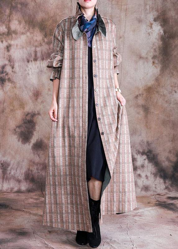 Boutique Long Coat Fall Woolen Outwear Khaki Plaid Cinched Wool Coat for Woman