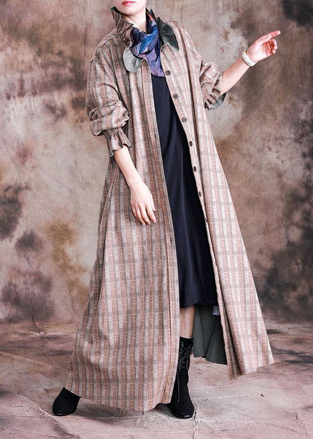Boutique Long Coat Fall Woolen Outwear Khaki Plaid Cinched Wool Coat for Woman