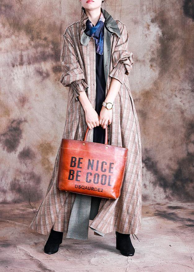 Boutique Long Coat Fall Woolen Outwear Khaki Plaid Cinched Wool Coat for Woman