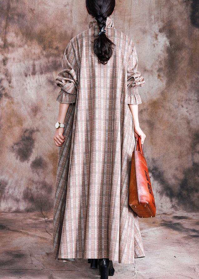 Boutique Long Coat Fall Woolen Outwear Khaki Plaid Cinched Wool Coat for Woman