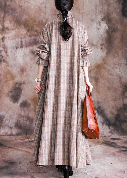 Boutique Long Coat Fall Woolen Outwear Khaki Plaid Cinched Wool Coat for Woman