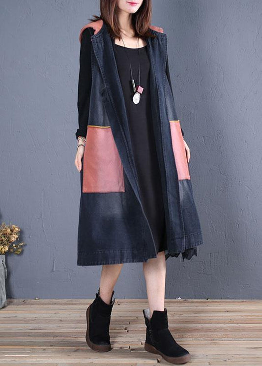 Boutique Trench Coat Black Patchwork Hooded Sleeveless Jackets