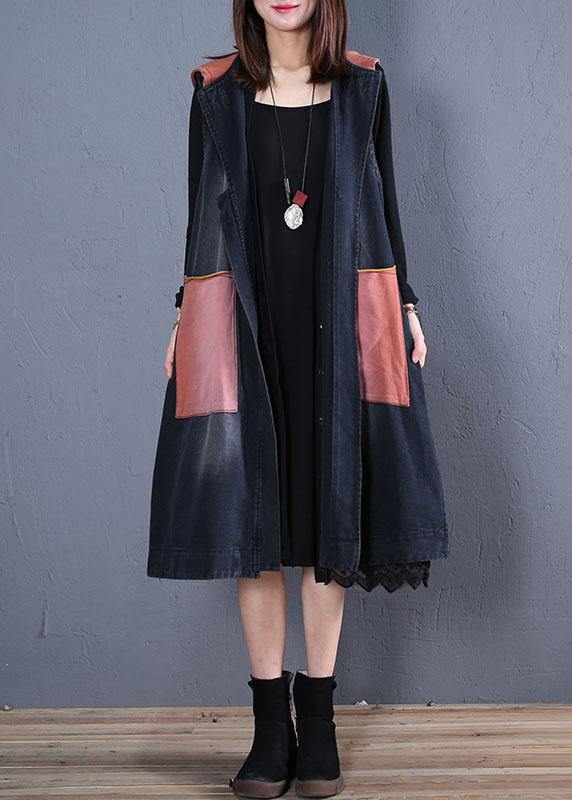 Boutique Trench Coat Black Patchwork Hooded Sleeveless Jackets