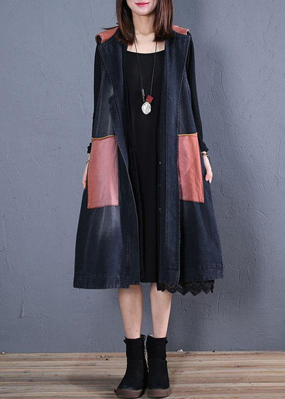 Boutique Trench Coat Black Patchwork Hooded Sleeveless Jackets