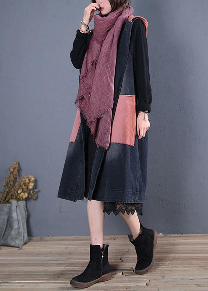 Boutique Trench Coat Black Patchwork Hooded Sleeveless Jackets