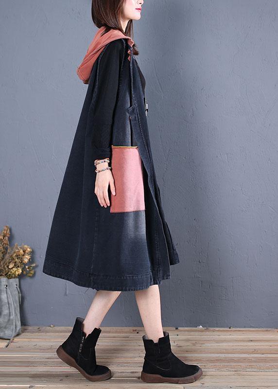 Boutique Trench Coat Black Patchwork Hooded Sleeveless Jackets