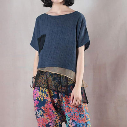 Boutique Pure Linen Blended Blouse Loose Fitting Loose Linen Short Sleeve Stripe Blue Blouse
