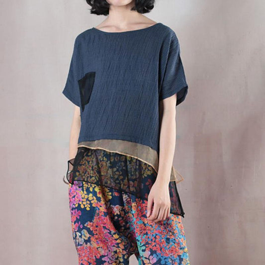 Boutique Pure Linen Blended Blouse Loose Fitting Loose Linen Short Sleeve Stripe Blue Blouse