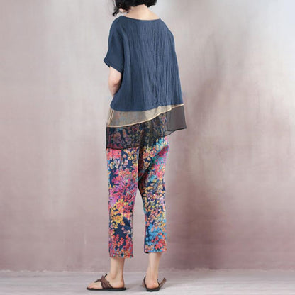 Boutique Pure Linen Blended Blouse Loose Fitting Loose Linen Short Sleeve Stripe Blue Blouse