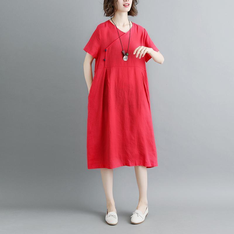 Boutique Pure Linen Dresses Retro Summer Short Sleeve Red Pockets Pleated Dress